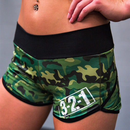 321 Ladies WOD Shorts - Green Camo Womens Shorts - 321Apparel - crossfit